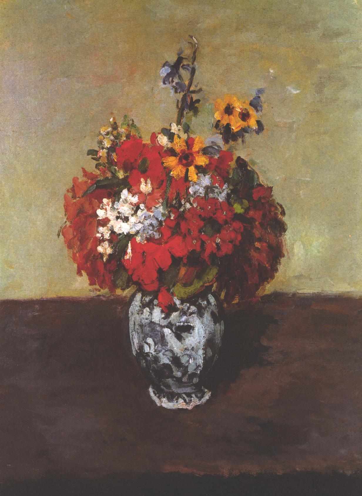 Reproduction du tableau « Géraniums et pieds-d'alouette dans un petit vase de Delft - Paul Cézanne » par Alpha Reproduction en peinture à l’huile