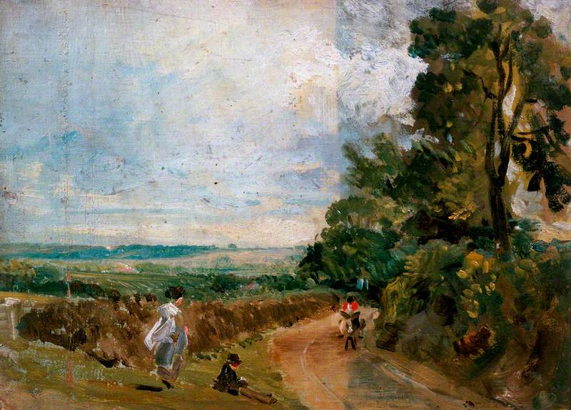 Une route de campagne avec des arbres et des personnages (recto) - John Constable