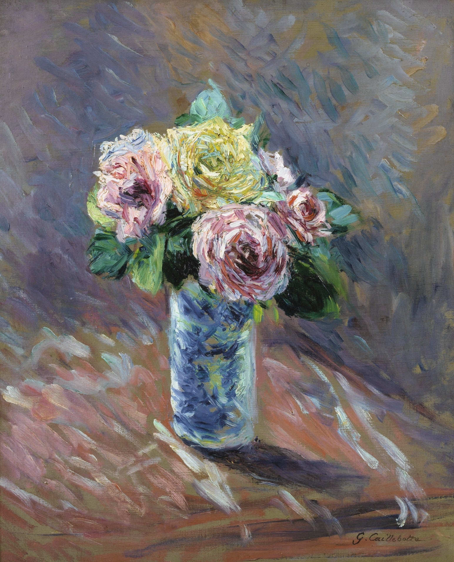 Reproduction du tableau « Roses jaunes et rouges dans un vase de cristal - Gustave Caillebotte » par Alpha Reproduction en peinture à l’huile