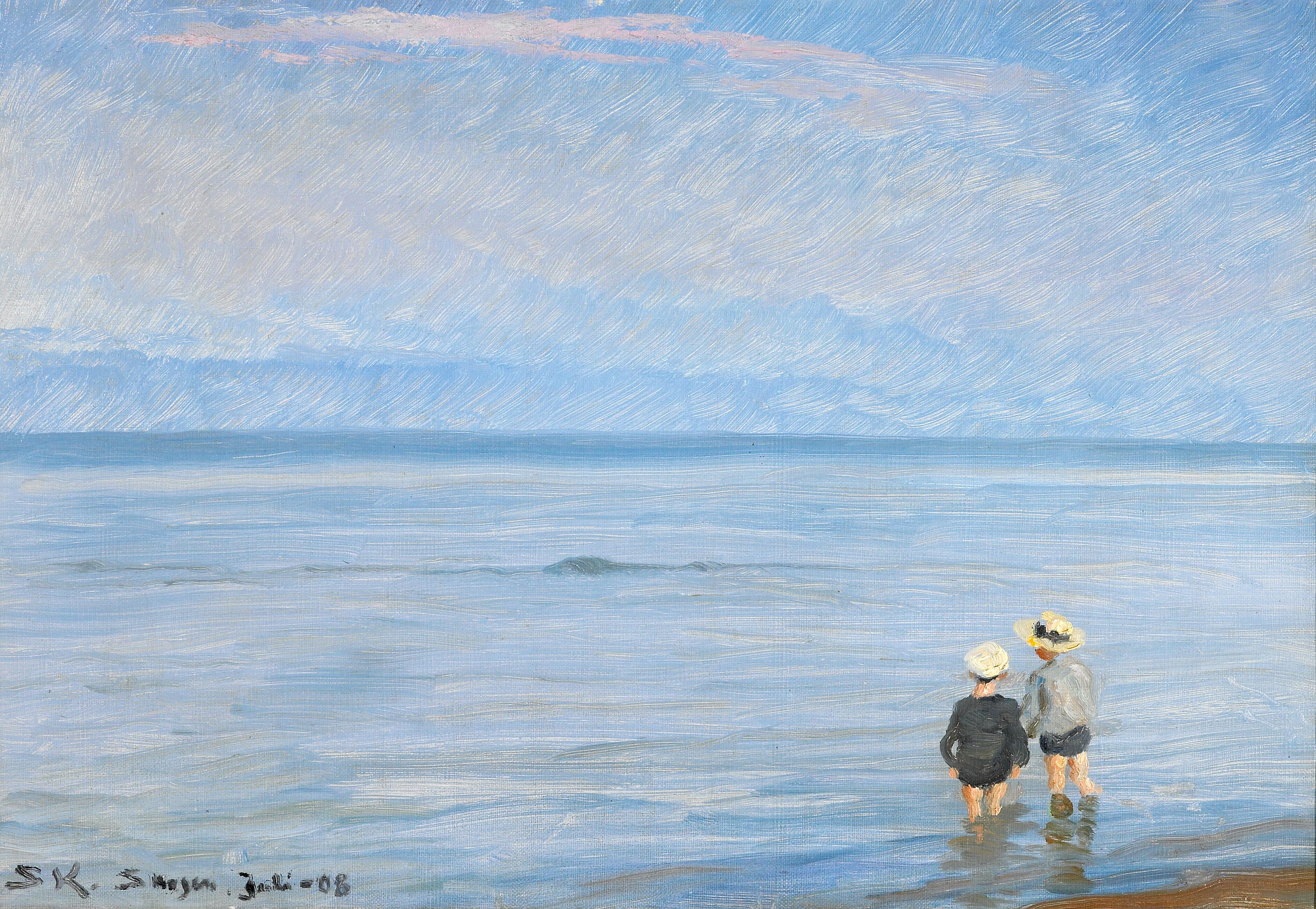 Mavi saat. İki çocuk Skagen plajında kürek çekiyor. - Peder Severin Krøyer
