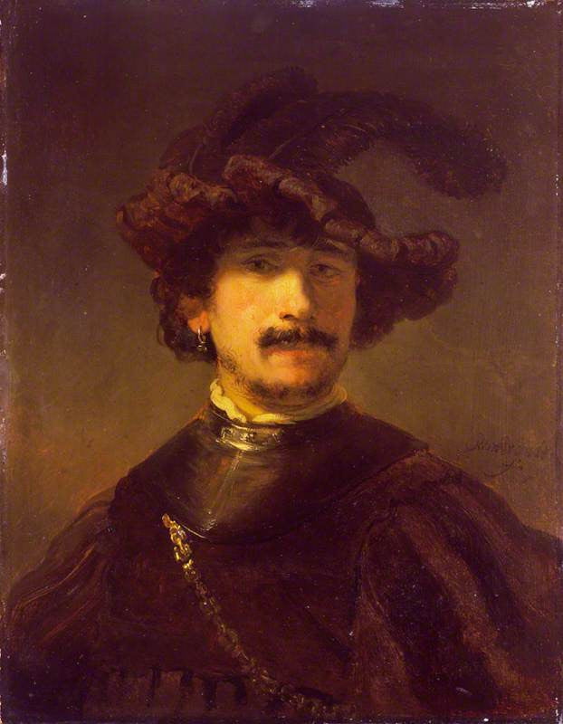 Reproduction du tableau « Buste d'homme en gorgerin et bonnet de plumes - Rembrandt » par Alpha Reproduction en peinture à l’huile