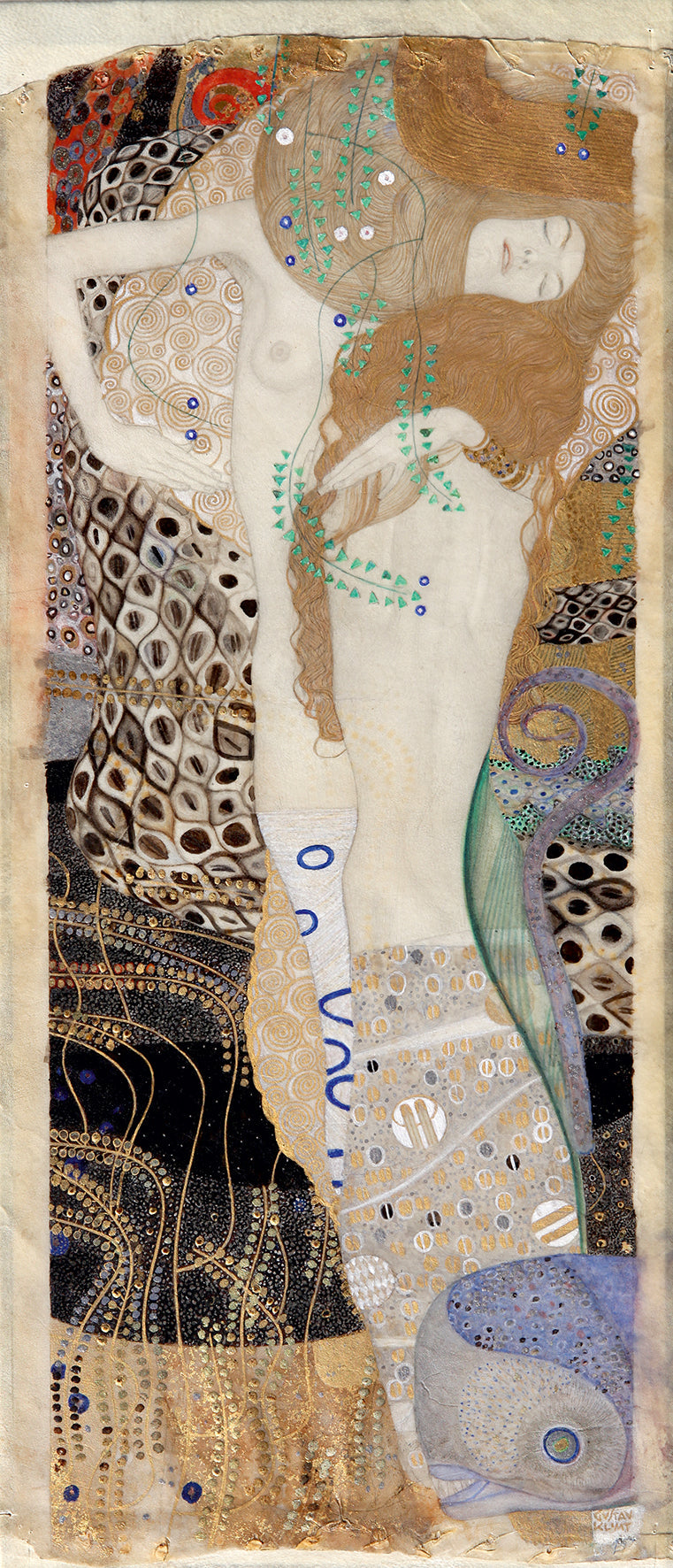 Les Amies ou Serpents d’eau I de Gustav Klimt, œuvre verticale sur parchemin