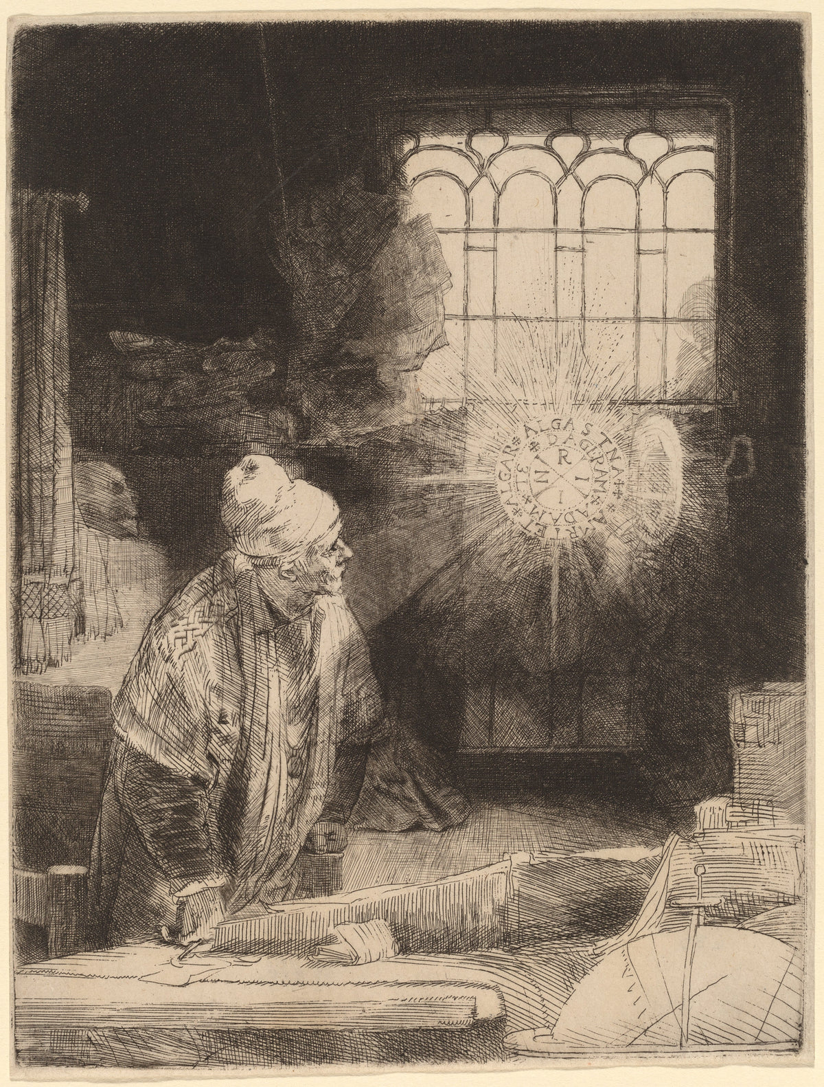 Faust de Rembrandt, savant dans son cabinet face à une fenêtre lumineuse