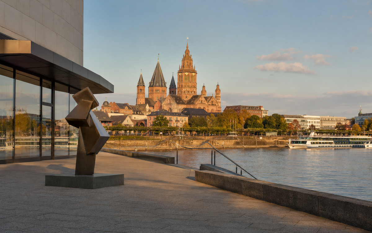 Galeries d’art à Mainz avec la cathédrale, le Rhin et une sculpture contemporaine