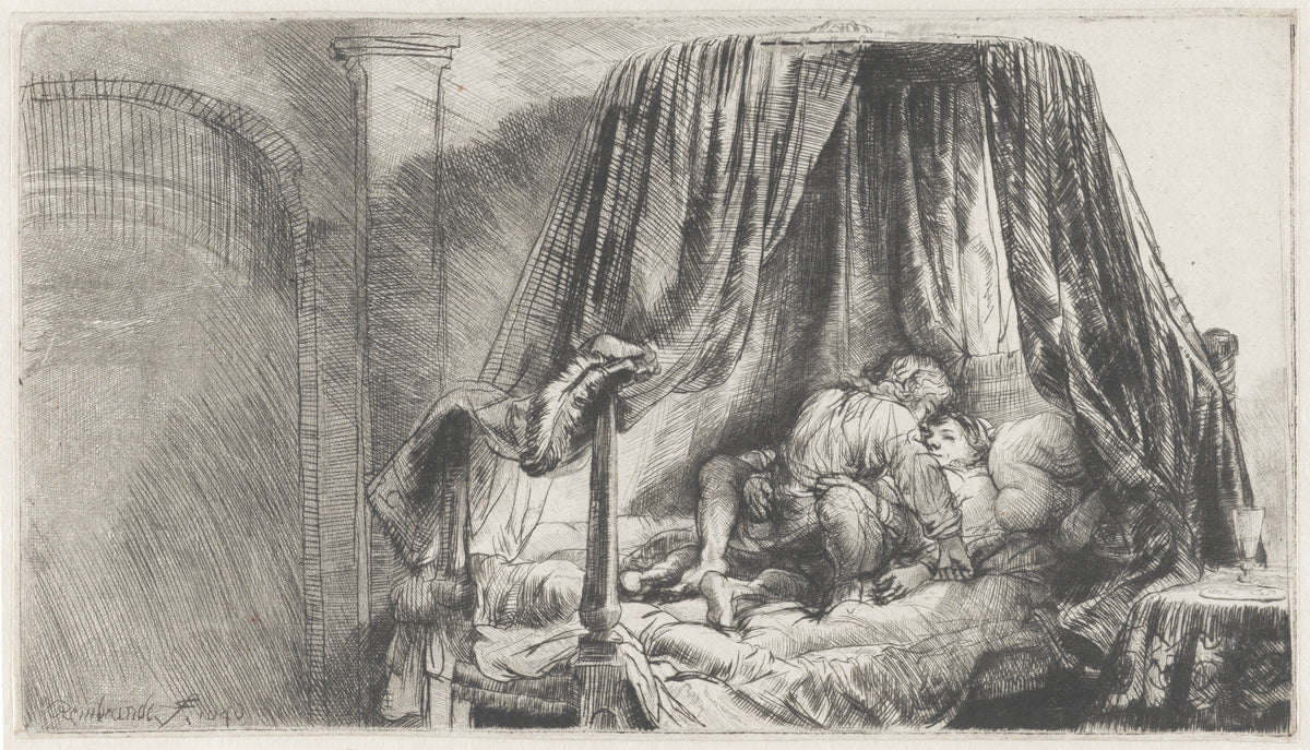 Le Lit à la française de Rembrandt, couple allongé dans un lit à rideaux