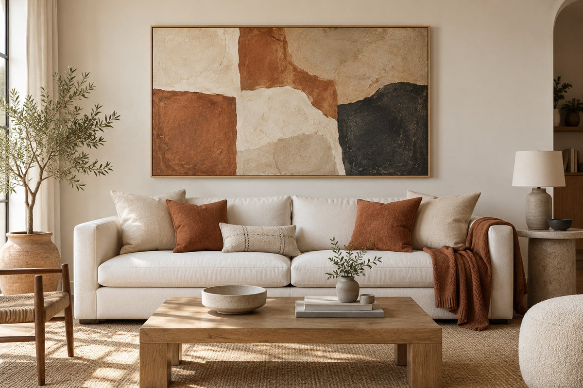 Tableau abstrait terracotta dans un salon : mise en situation générée par IA