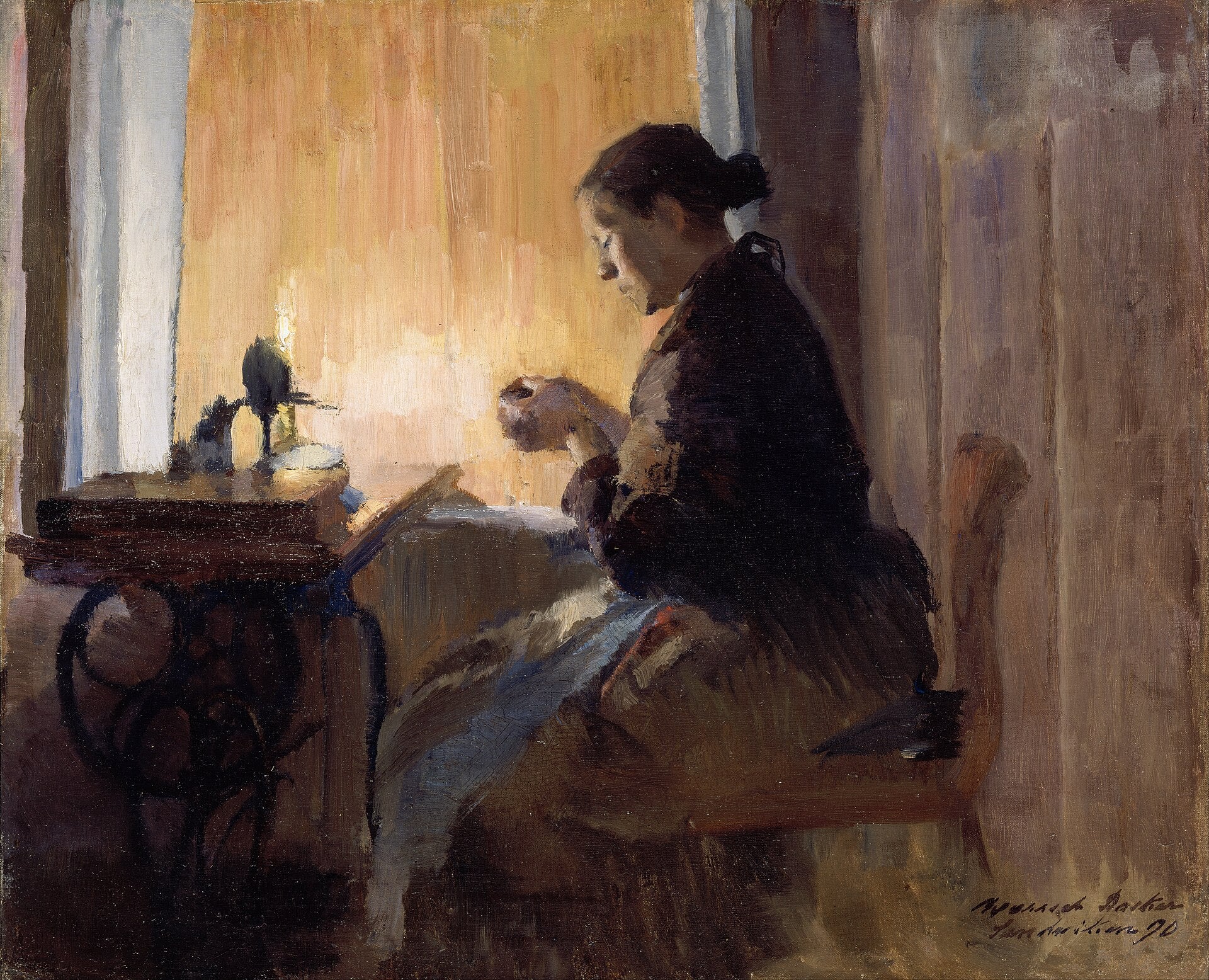 À la lumière de la lampe, Harriet Backer, 1890, peinture à l’huile