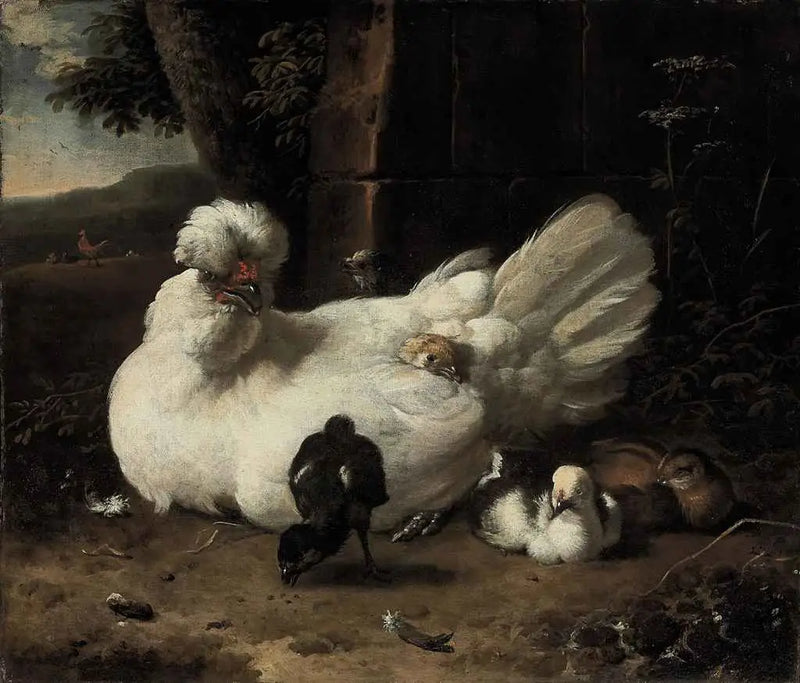 Bir tavuk ve civcivleriyle manzarada - Melchior de Hondecoeter