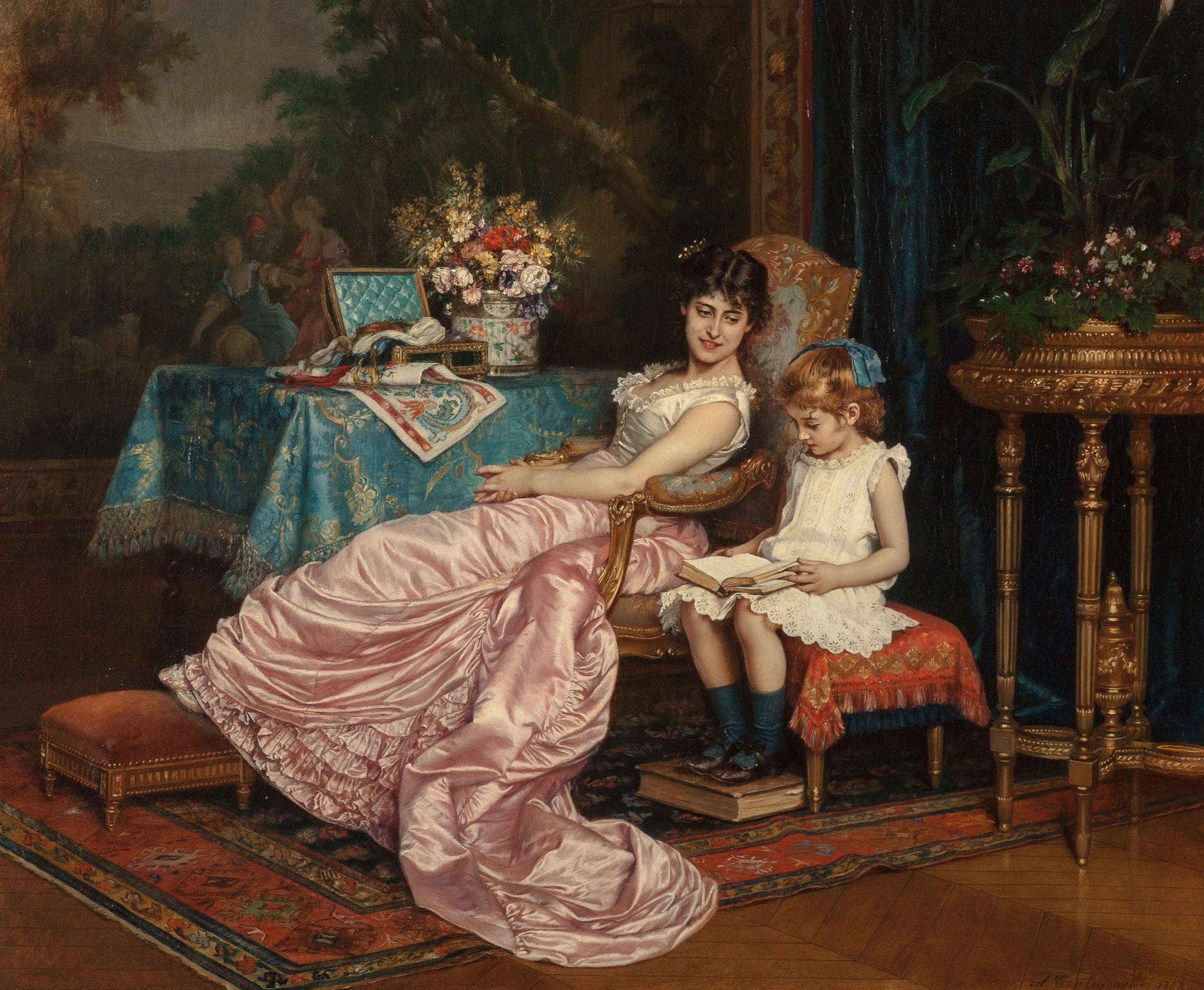Une mère et sa fille qui lisent - Auguste Toulmouche