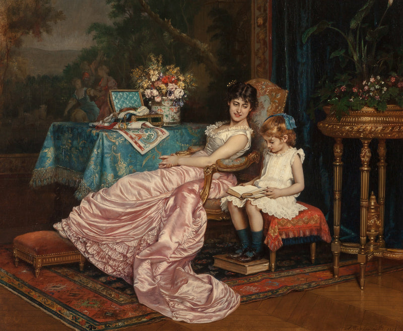 Une mère et sa fille qui lisent - Auguste Toulmouche