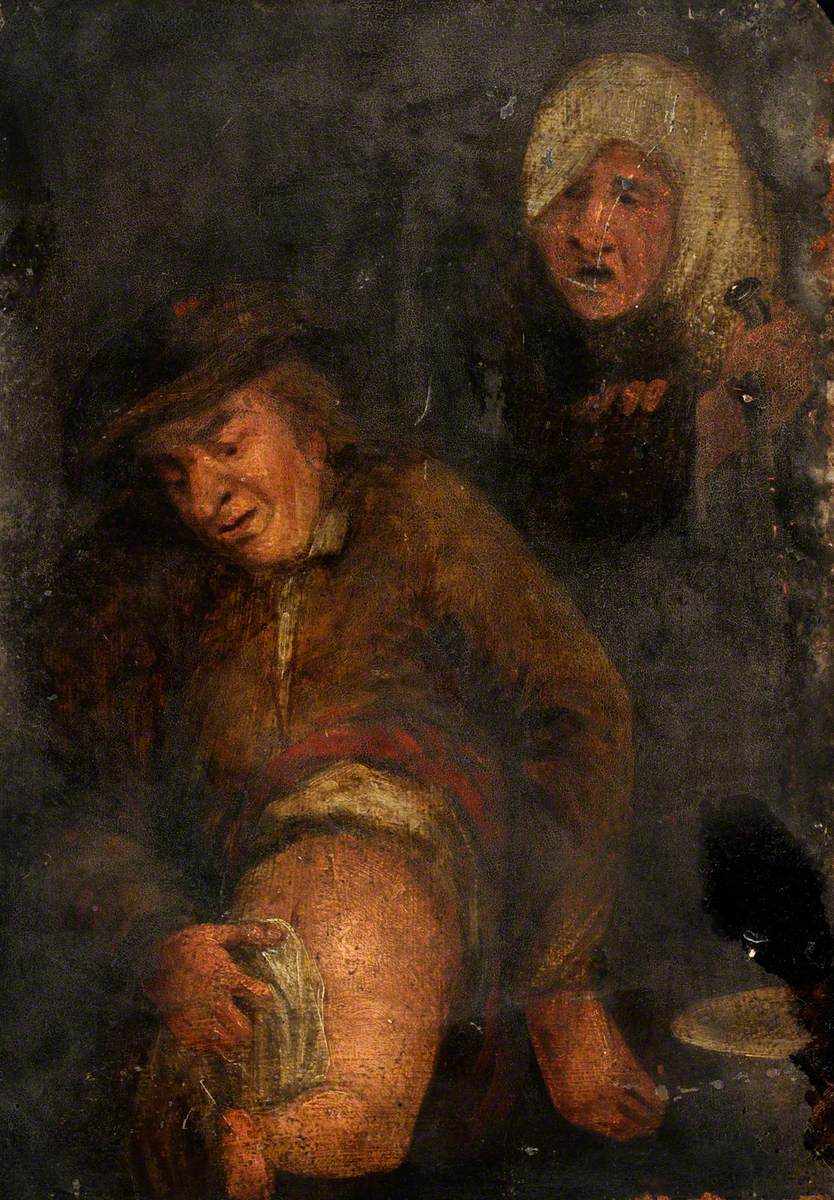 L'odorat : un homme qui change les fesses d'un bébé - Adriaen Brouwer