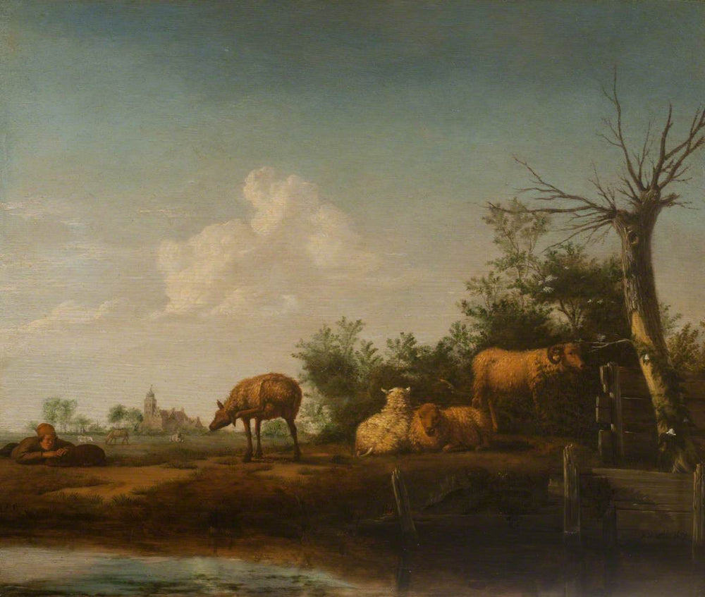Des moutons près d'un ruisseau avec un berger et son chien - Adriaen van de Velde