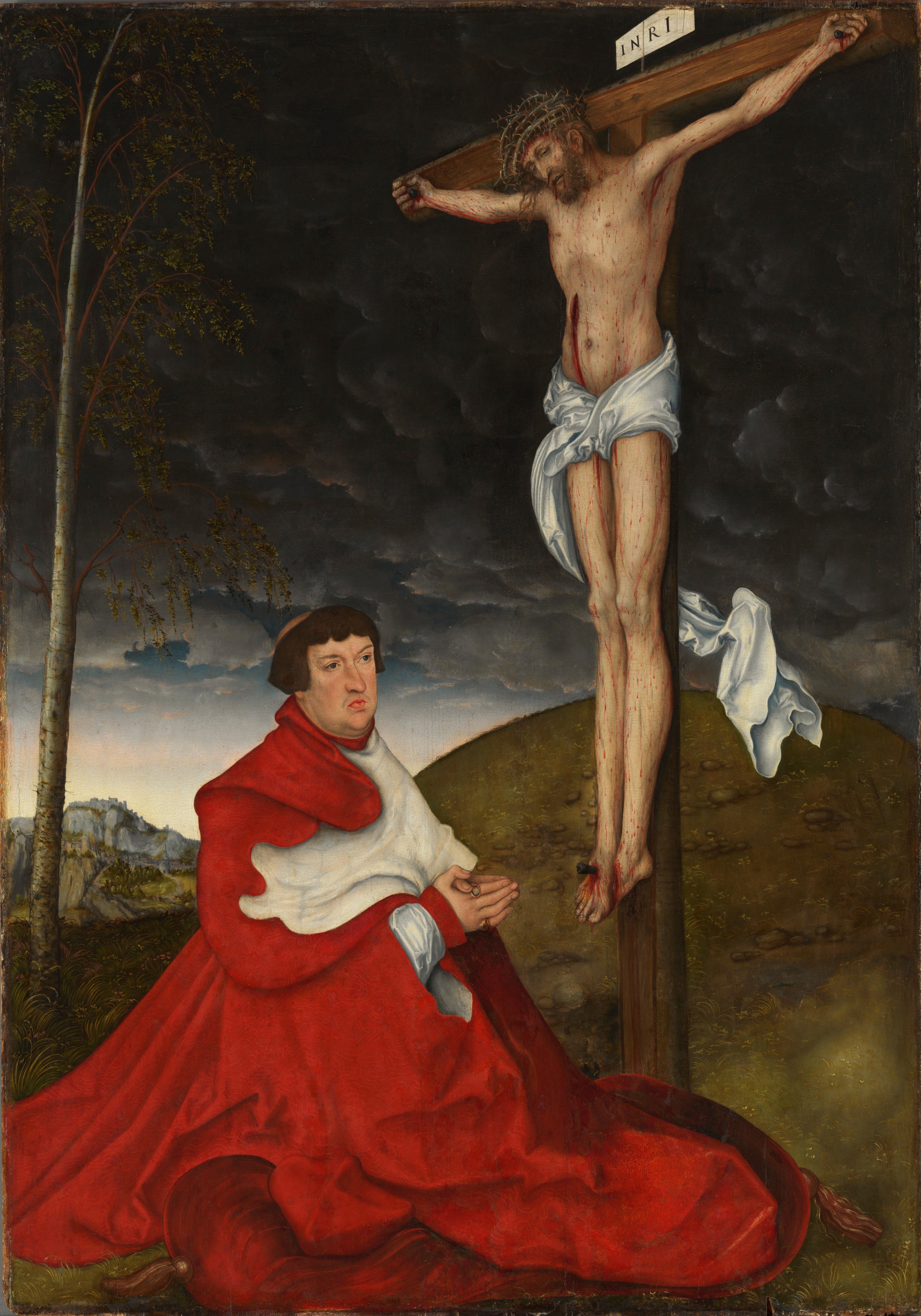 Le cardinal Albrecht von Brandenbourg devant la Crucifixion - Lucas Cranach the Elder