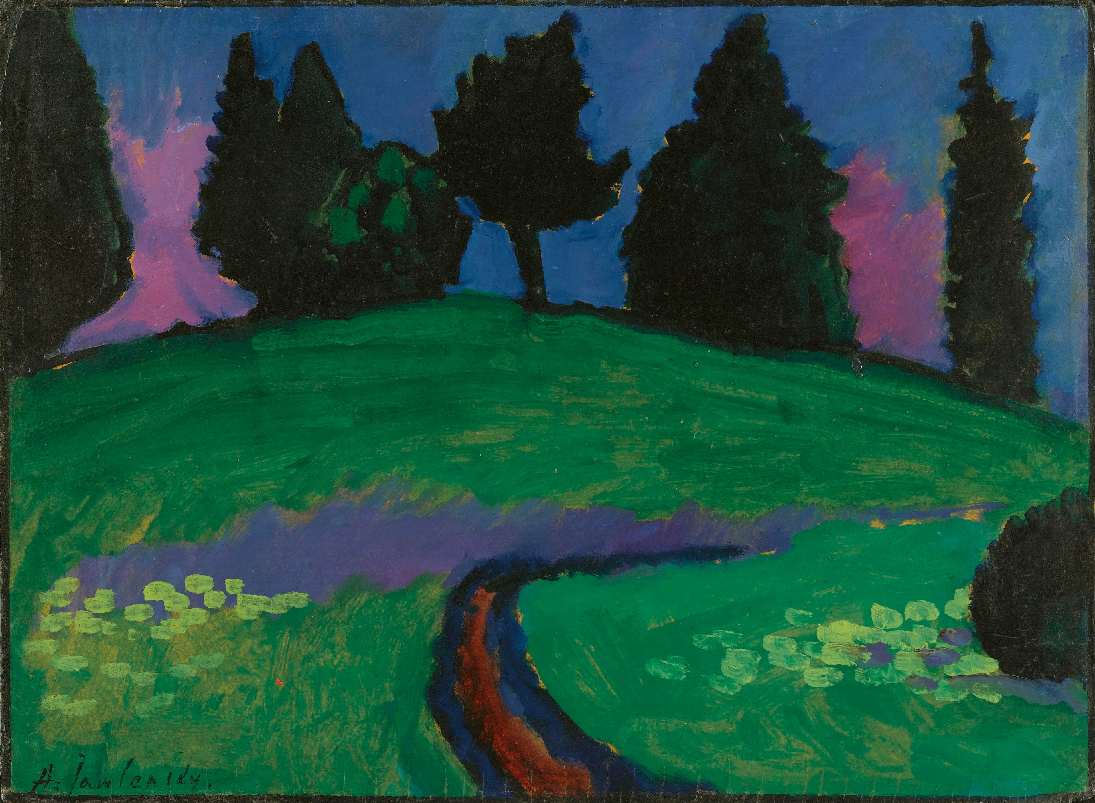 Arbres sombres sur une pente verte - Alexej von Jawlensky