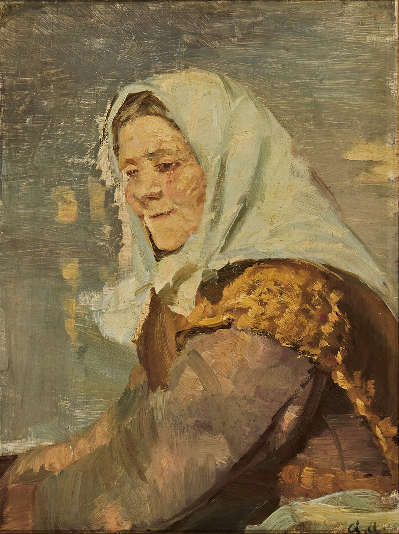 Skagenli bir kadın, beyaz bir eşarp takmış. - Anna Ancher
