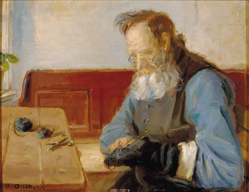 Bir adam çorap tamir ediyor - Anna Ancher