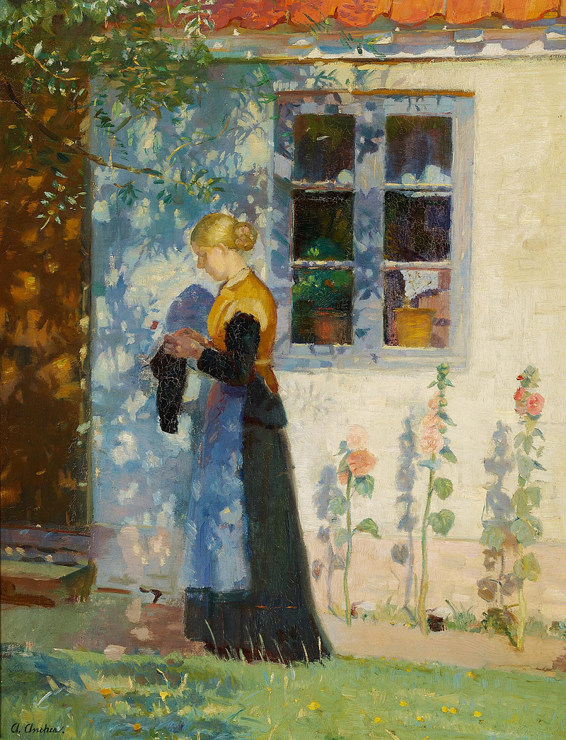 Skagen'de bir evin önünde ayakta duran genç bir kadın. - Anna Ancher