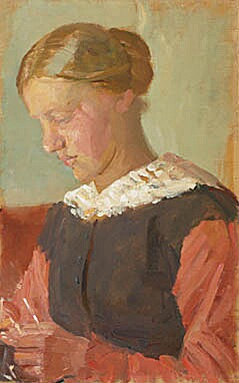 Genç bir kadın oturuyor, saçları toplu. - Anna Ancher
