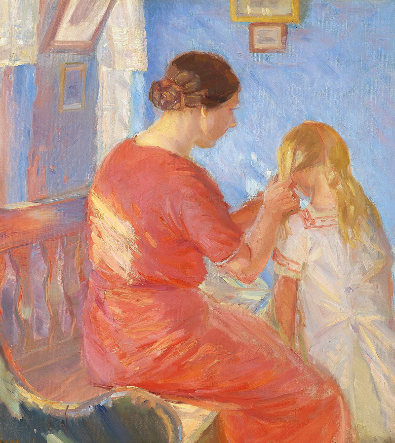 Bir anne, çocuğunun saçlarını örüyor. - Anna Ancher