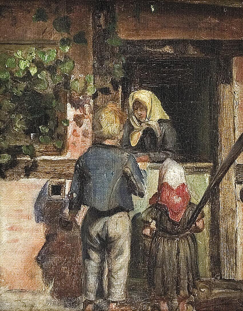 İki çocuk ve yaşlı bir kadın bir kapının önünde duruyor. - Anna Ancher