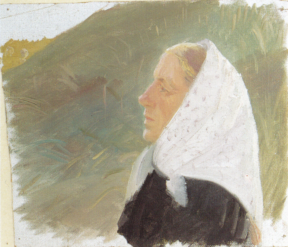 Jeune femme vêtue de noir et coiffée d’un foulard blanc assise dans les dunes - Anna Ancher - Alpha Reproduction