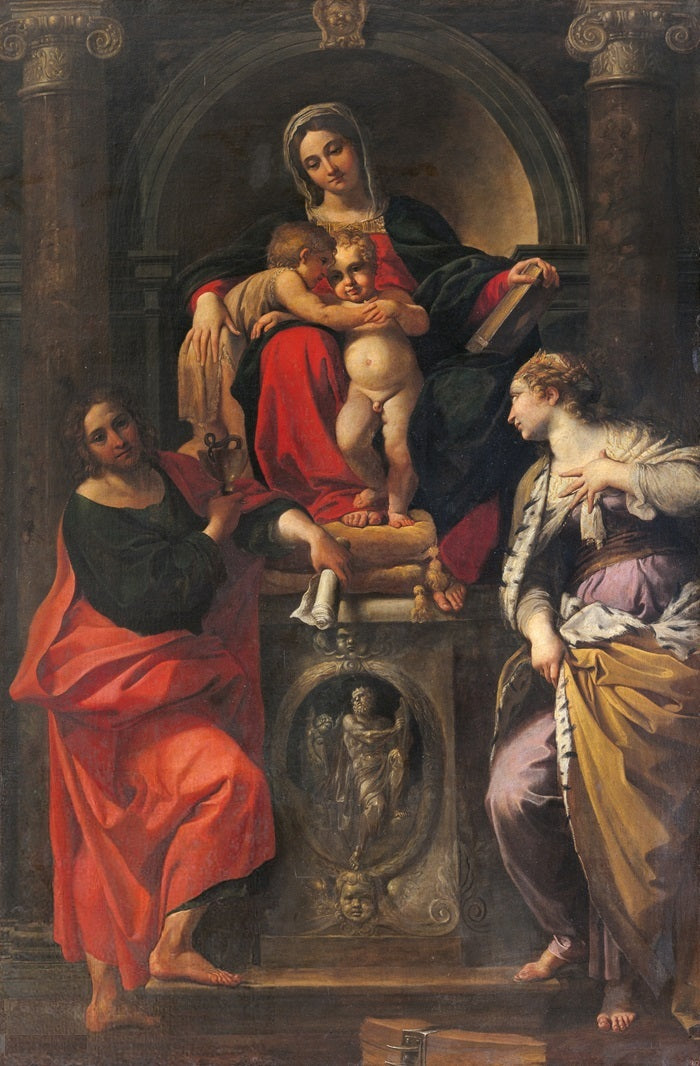 İsa ve Çocuk Meryem, Aziz Yuhanna, Yuhanna İncili ve Azize Catherine ile - Annibale Carracci