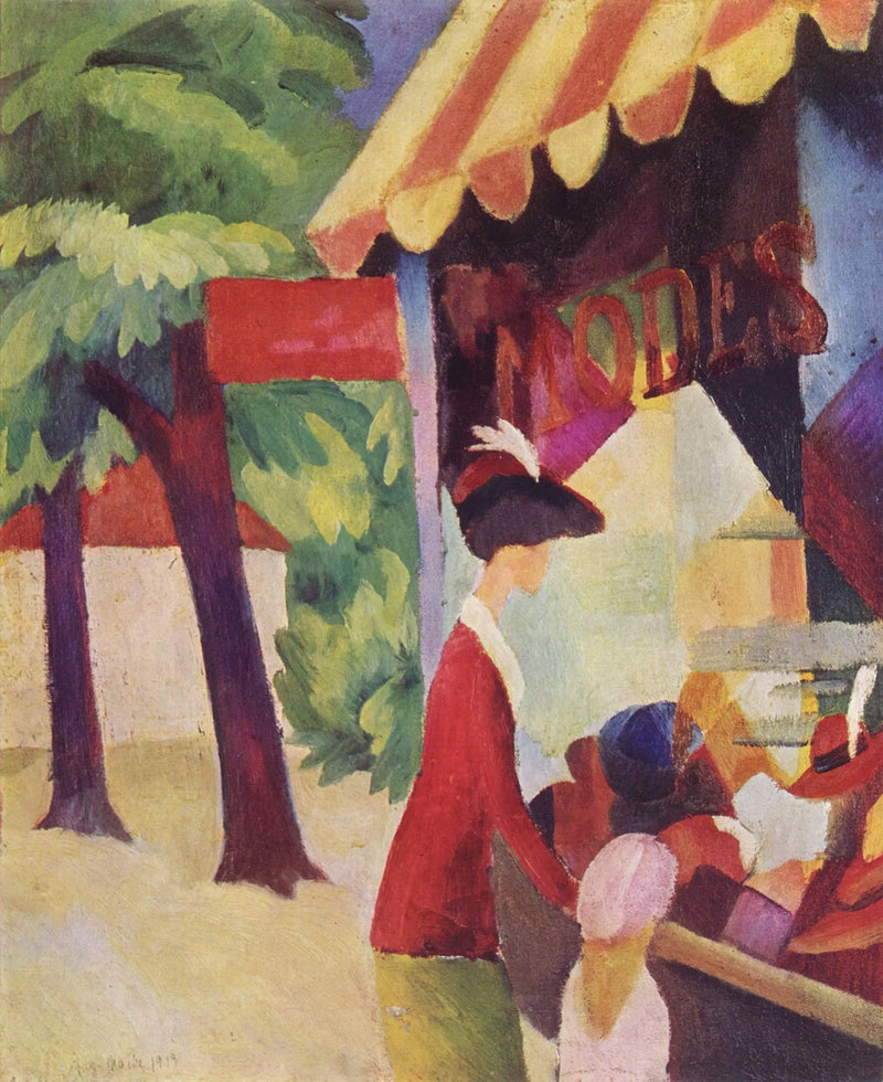 Şapka Dükkanının Önünde (Kırmızı Ceketli Kadın ve Bir Çocuk) - August Macke
