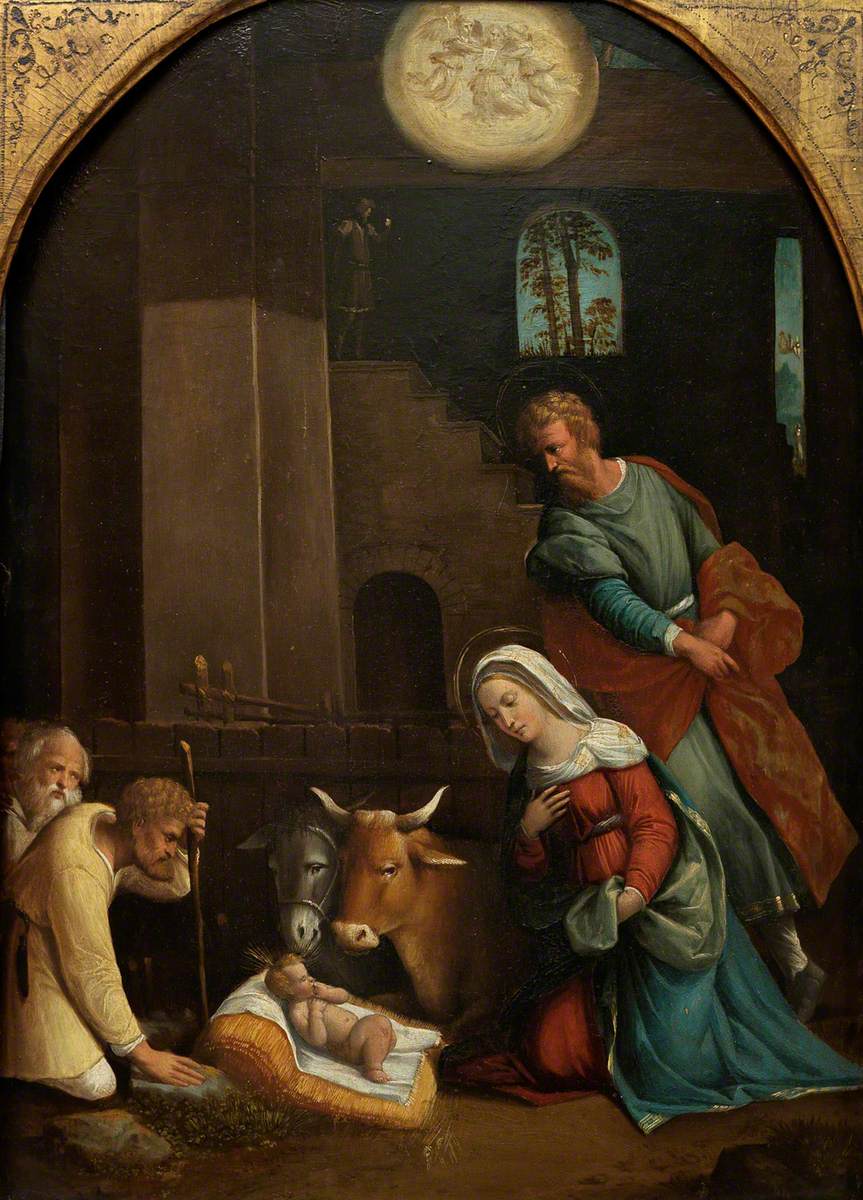 L'Adoration du Pasteur, avec l'Annonciation aux bergers d'au-delà - Benvenuto Tisi