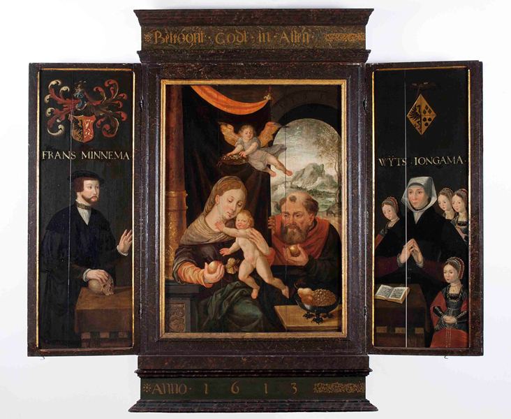 Maria met het kind Jezus op schoot, Jozef op achtergrond - Bernard van Orley