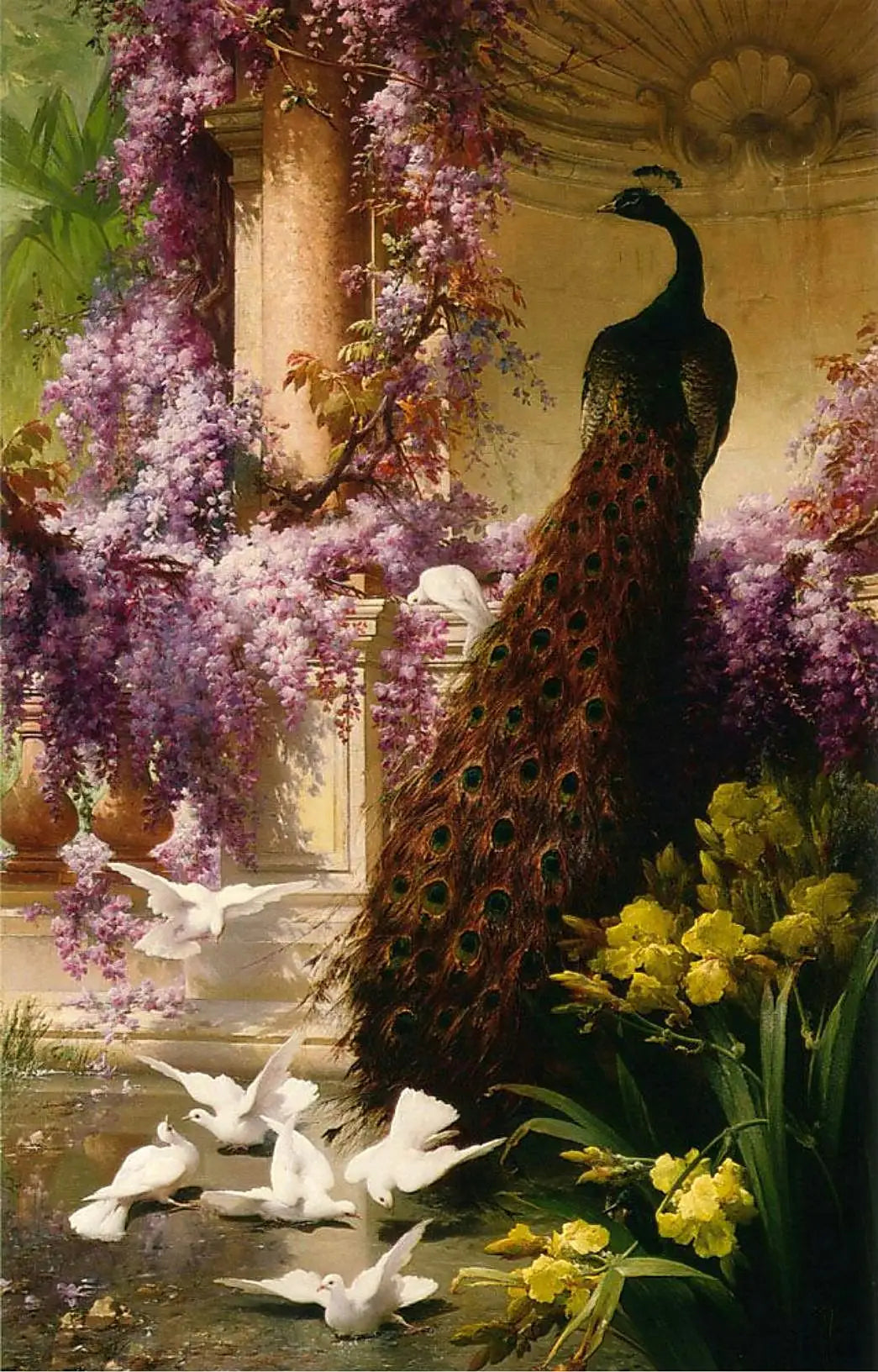 Un paon et des colombes dans un jardin - Eugène Bidau - Alpha Reproduction