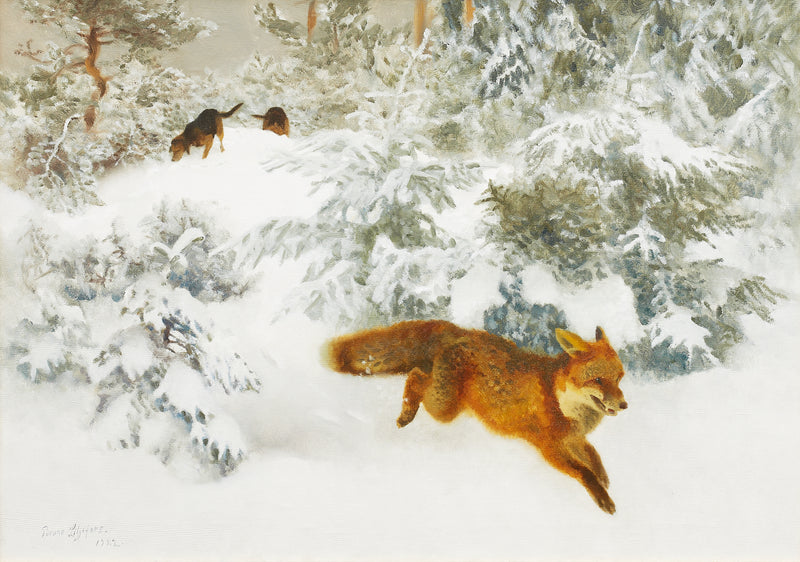 Renard dans un paysage hivernal avec des chiens de chasse - Bruno Liljefors