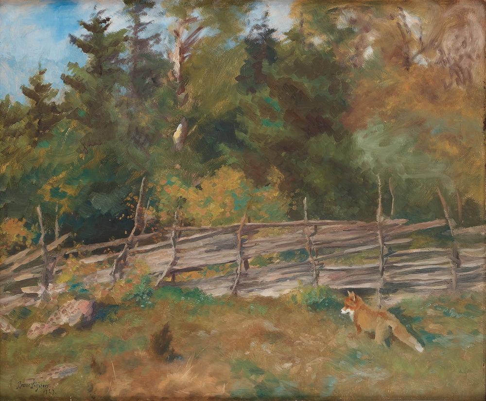 Paysage d'été avec un renard près d'une clôture ronde - Bruno Liljefors