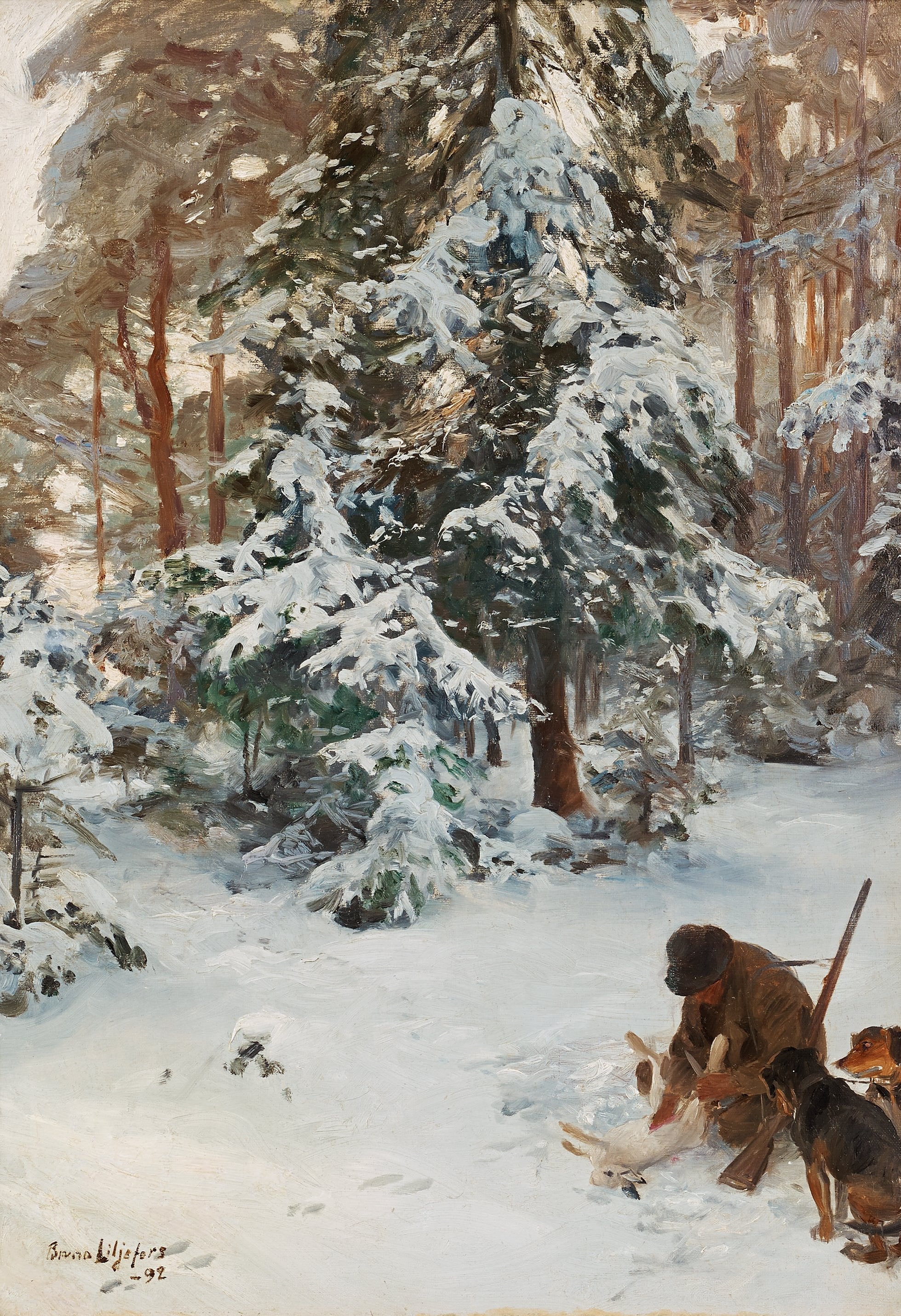Vinterlandskap med jägare och hundar - Bruno Liljefors