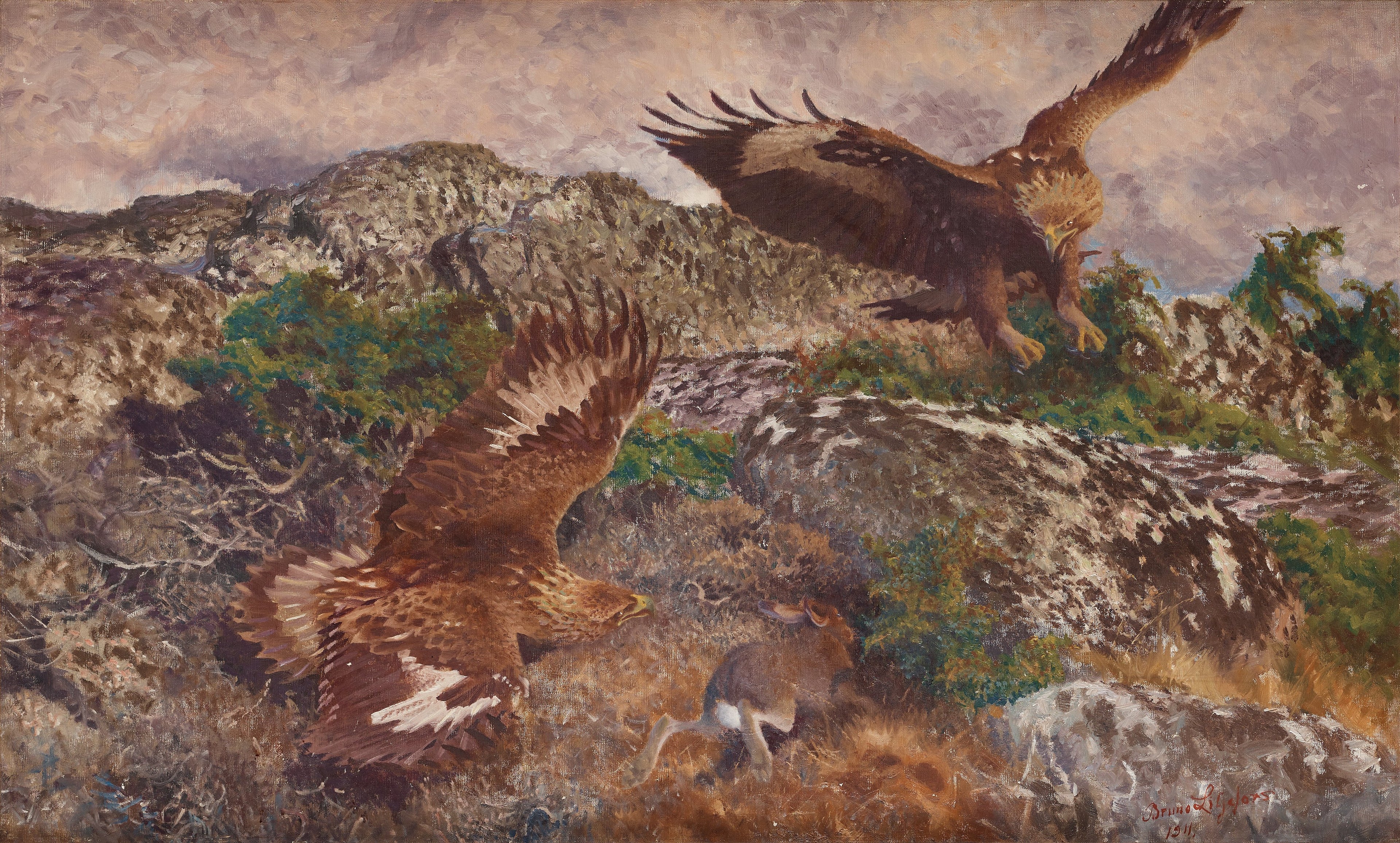 Des aigles chassant un lièvre - Bruno Liljefors