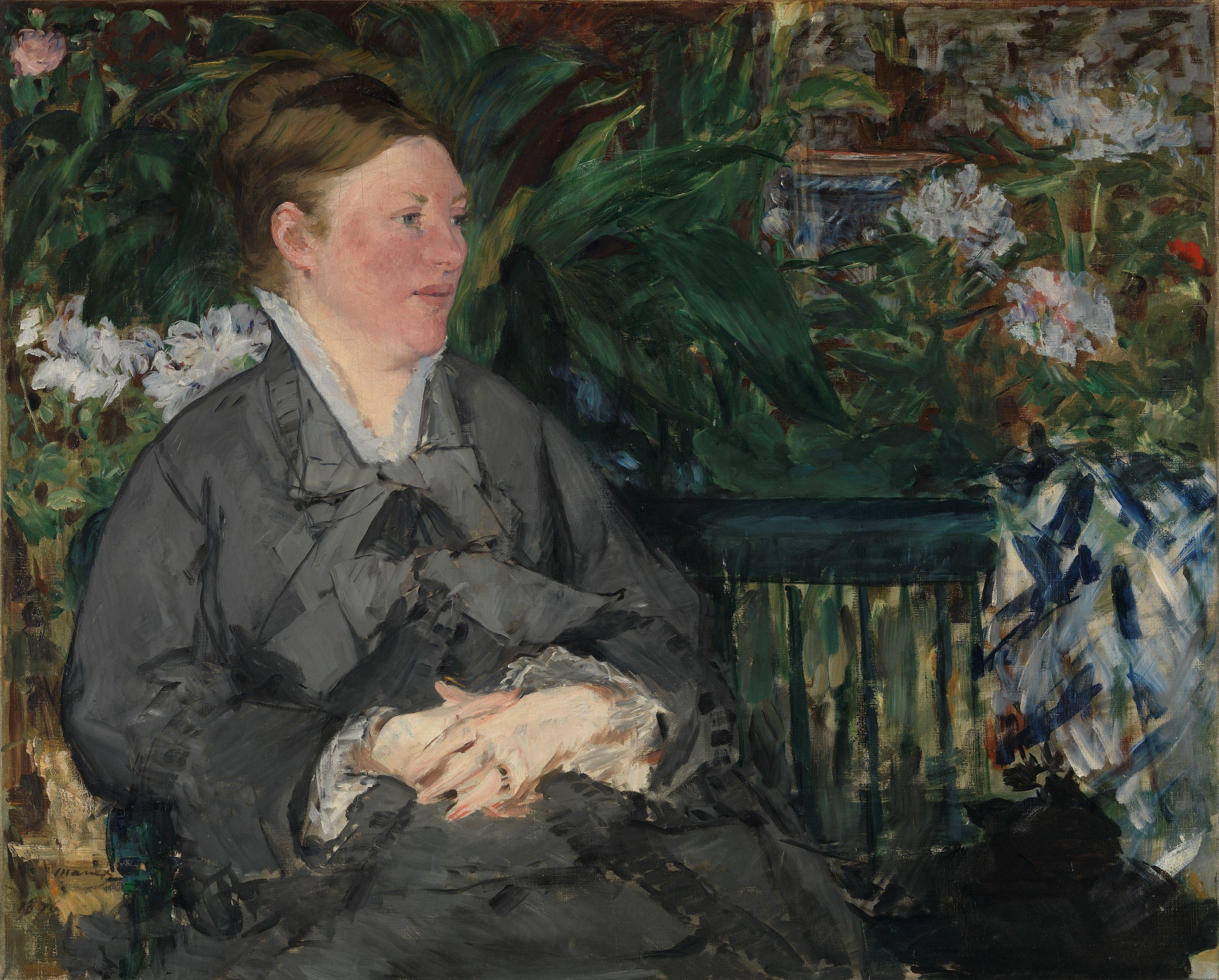 Reproduction du tableau « Madame Édouard Manet dans la serre - Édouard Manet » par Alpha Reproduction en peinture à l’huile