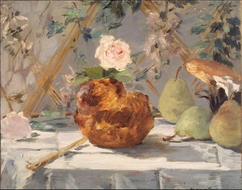 Natürmort, çörek, çiçekler, armutlar - Édouard Manet