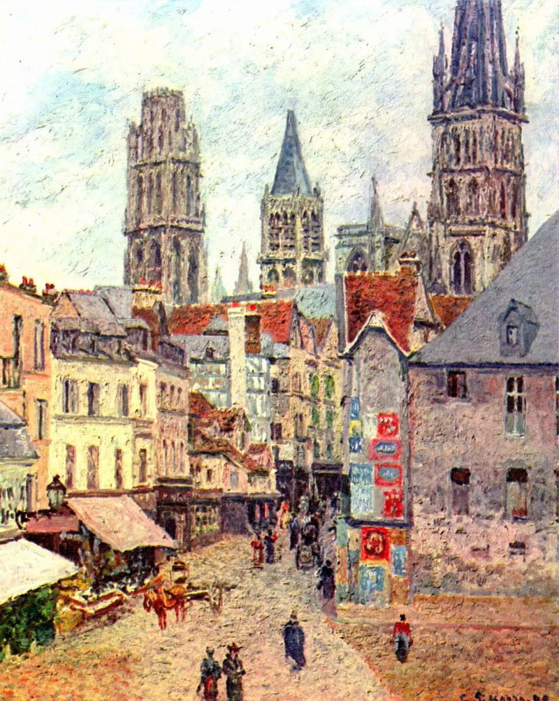 Rouen'deki Bakkal Sokağı, sabah, nemli hava - Camille Pissarro