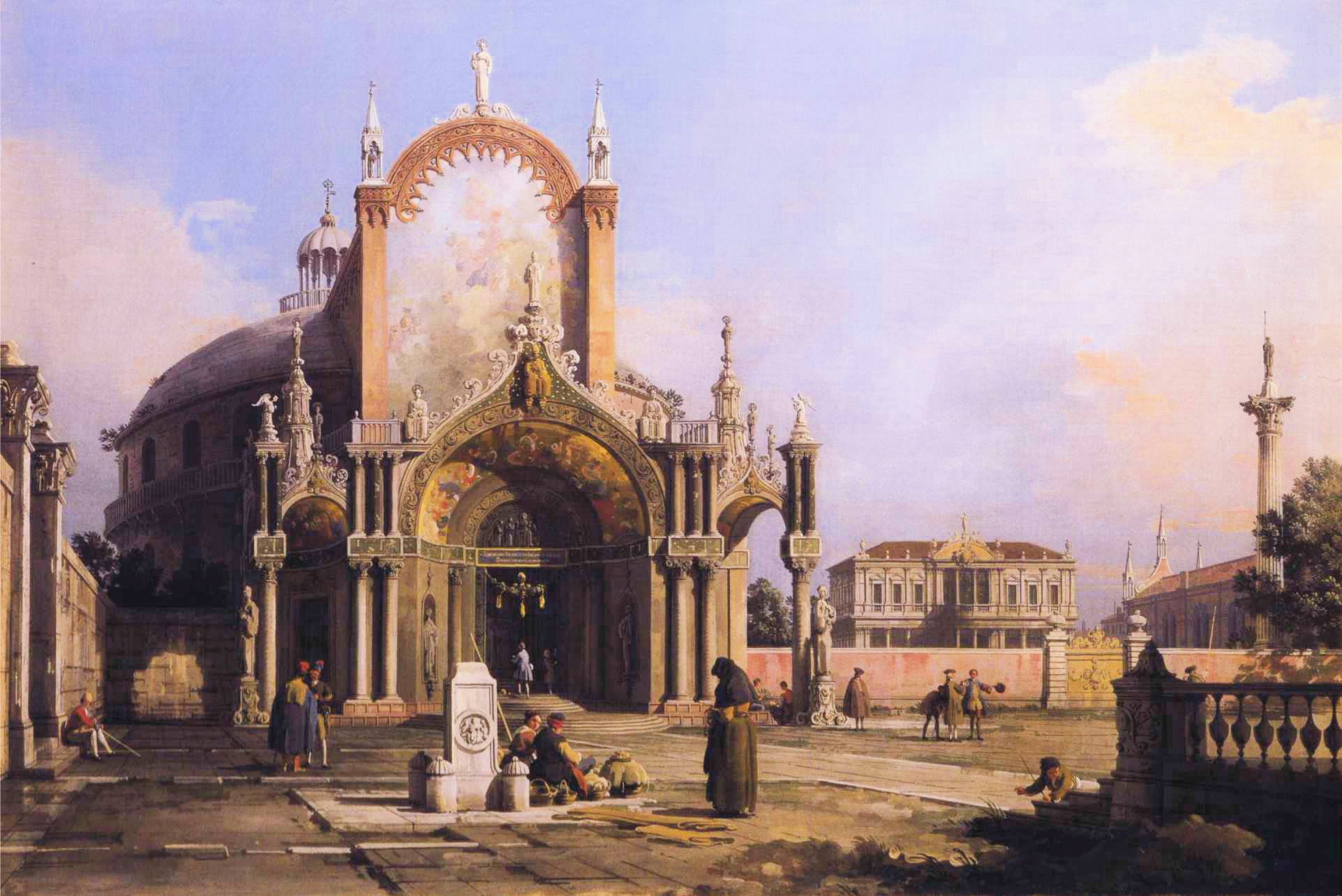 Capriccio : une église ronde avec un portique gothique élaboré sur une place, une place palladienne et une église gothique en arrière-plan - Canaletto