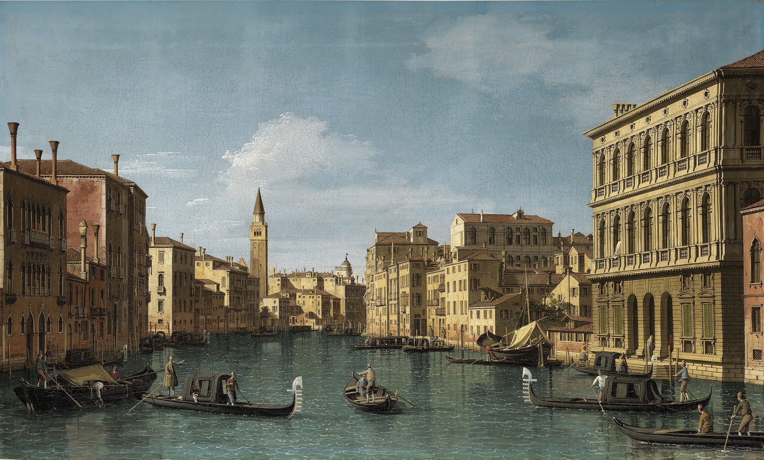 Le Grand Canal, Venise, vue nord-ouest depuis la Ca' Corner jusqu'à la Ca' Contarini degli Scrigni, avec le campanile de Santa Maria della Carità - Canaletto