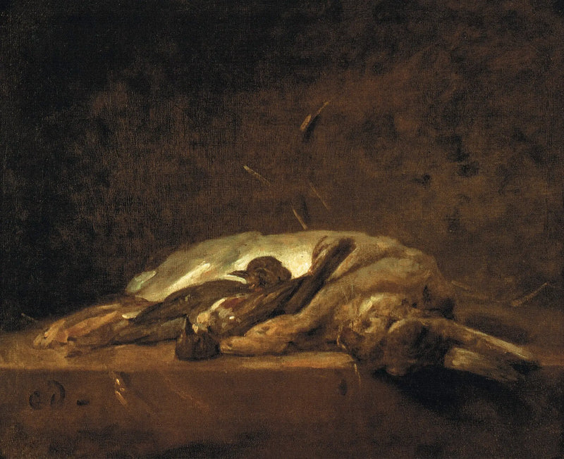 Bir tavşan, iki ölü keklik ve birkaç saman demeti taş bir masanın üzerinde - Jean Siméon Chardin