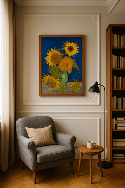 🌻 Ayçiçekleri (kral mavisi arka plan) – Vincent van Gogh (1888)