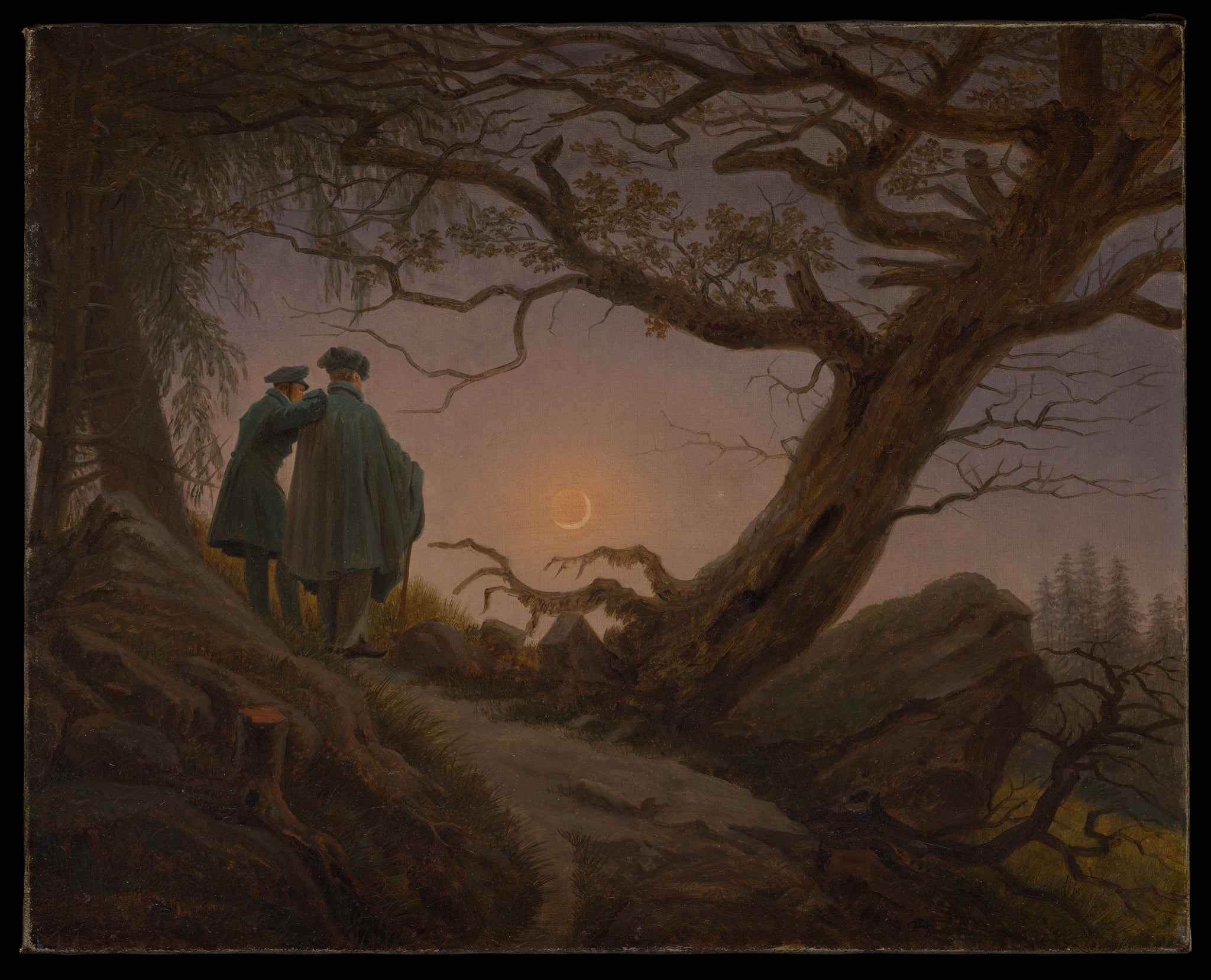 Deux hommes contemplant la lune, Caspar David Friedrich — reproduction de peinture à l’huile