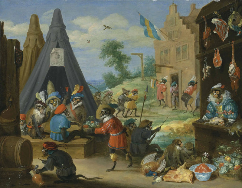 Bir maymun festivali (askerlere benzer kıyafetler giymiş maymunlar, bir kasaba yakınlarındaki kamp alanında) - David Teniers genç