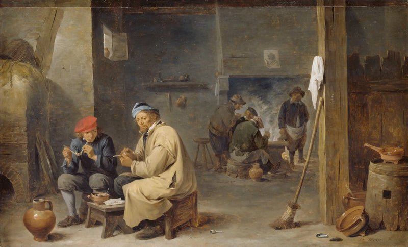 Sigara içen köylülerle bir meyhane iç mekanı - David Teniers genç