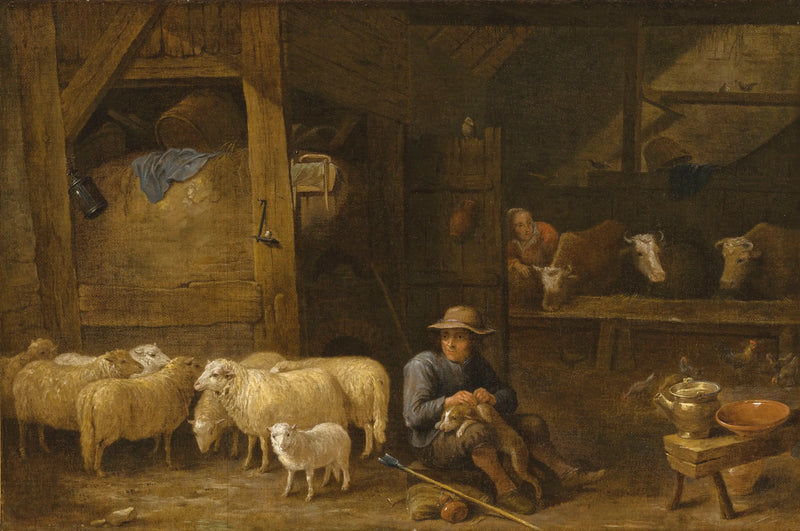 Bir Çiftliğin İç Mekanı, Bir Çobanın ve Sürüsünün Resmi - David Teniers le Jeune