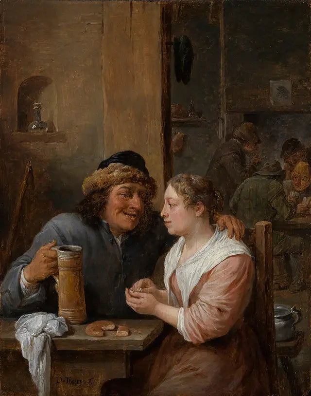 Bir adam bira bardağıyla ve genç bir kadınla bir meyhanede - David Teniers le Jeune