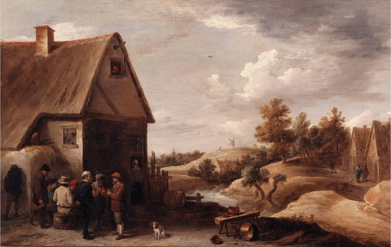 Saman çatılı bir evin önünde figürlerle manzara - David Teniers le Jeune
