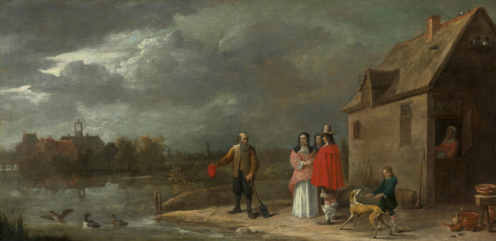Une famille debout dans un paysage avec une maison entourée de douves en arrière-plan - David Teniers le Jeune