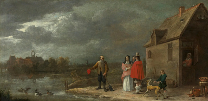 Bir aile, arka planda hendeklerle çevrili bir evle birlikte bir manzarada ayakta duruyor - David Teniers le Jeune