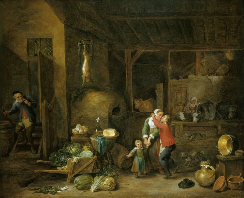 Aile içi bir ev içi sahne with karakterler (« Çalınan öpücük ») - David Teniers genç